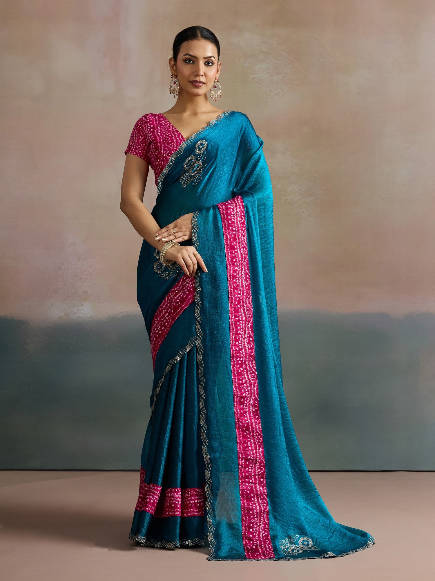 Teal Blue Satin Saree with Bandhani Border - Ressa
