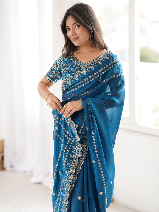 Teal Blue Satin Saree with Intricate Zardosi Embroidery - Ressa