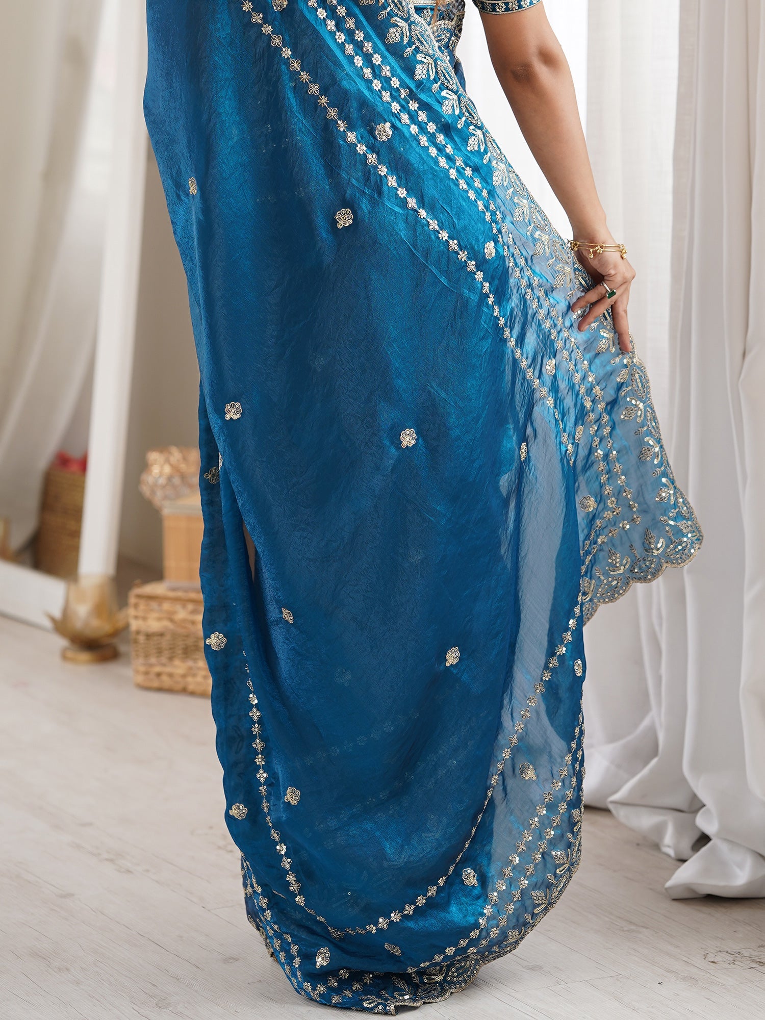 Teal Blue Satin Saree with Intricate Zardosi Embroidery - Ressa