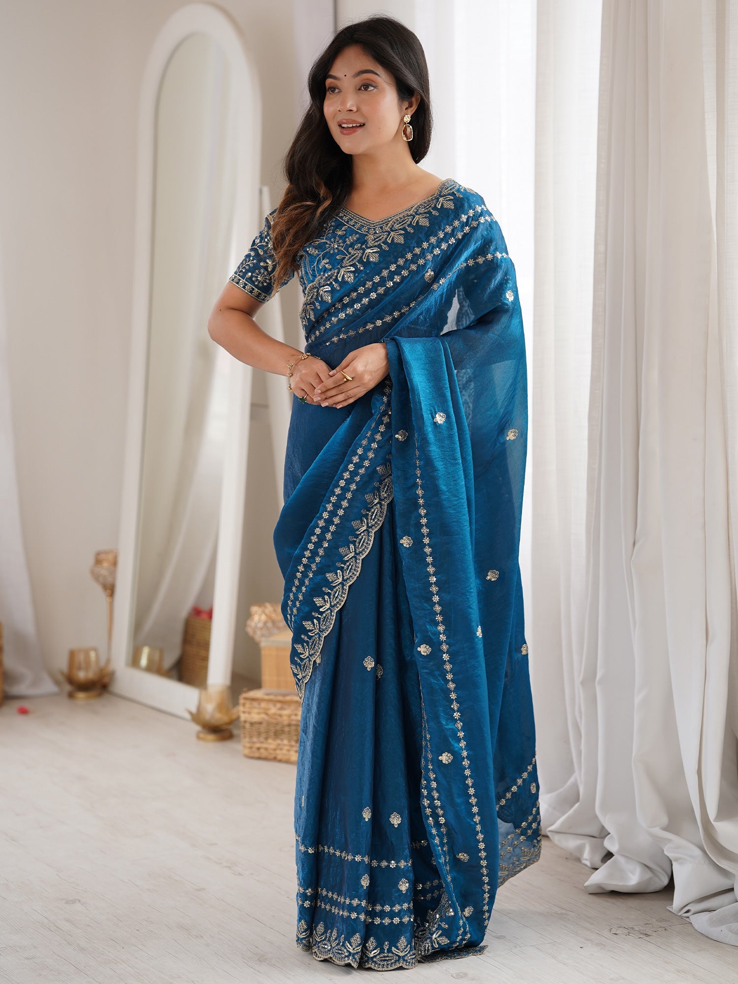 Teal Blue Satin Saree with Intricate Zardosi Embroidery - Ressa