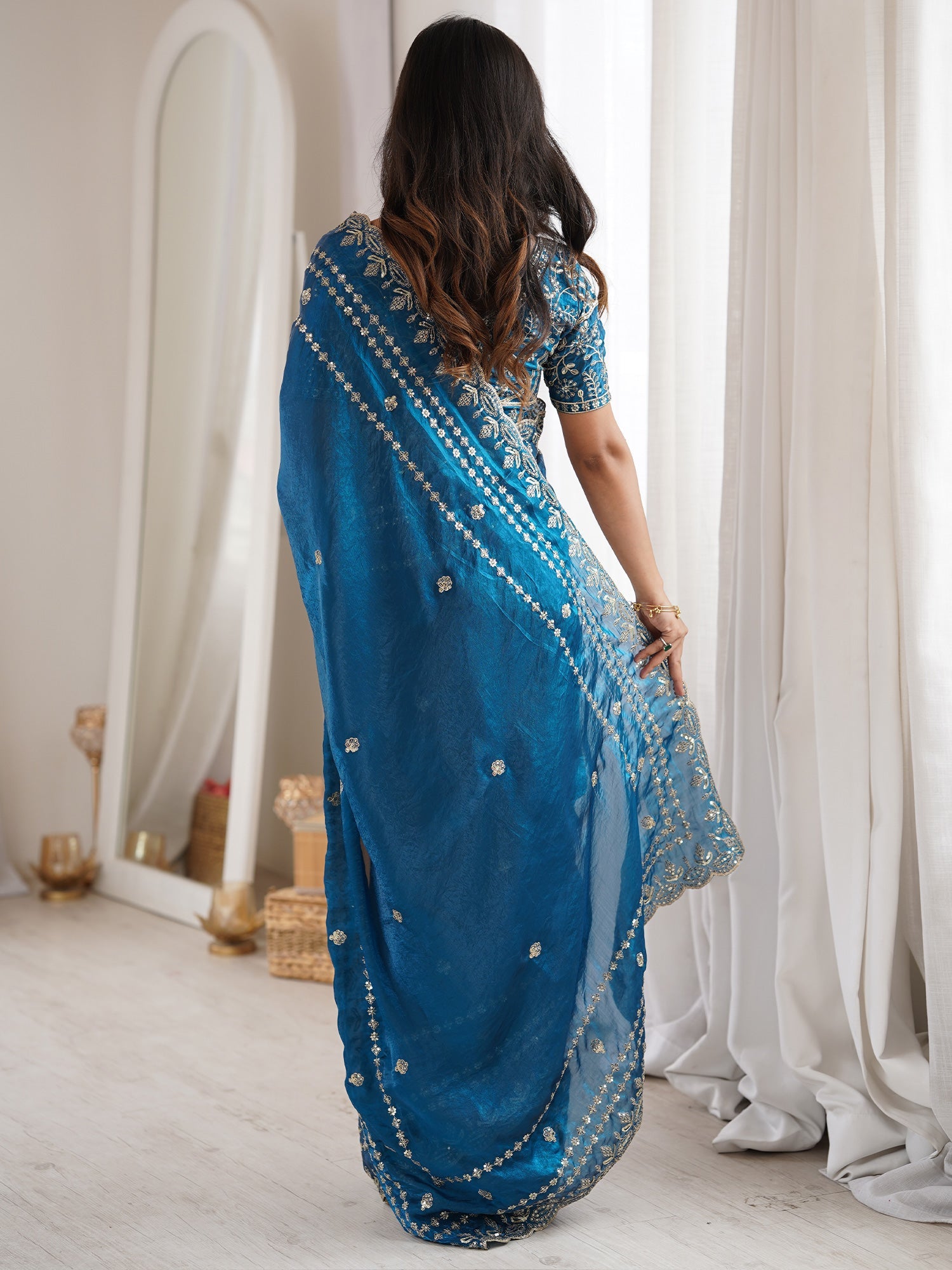 Teal Blue Satin Saree with Intricate Zardosi Embroidery - Ressa