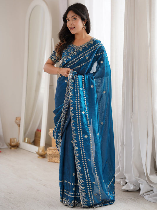 Teal Blue Satin Saree with Intricate Zardosi Embroidery - Ressa