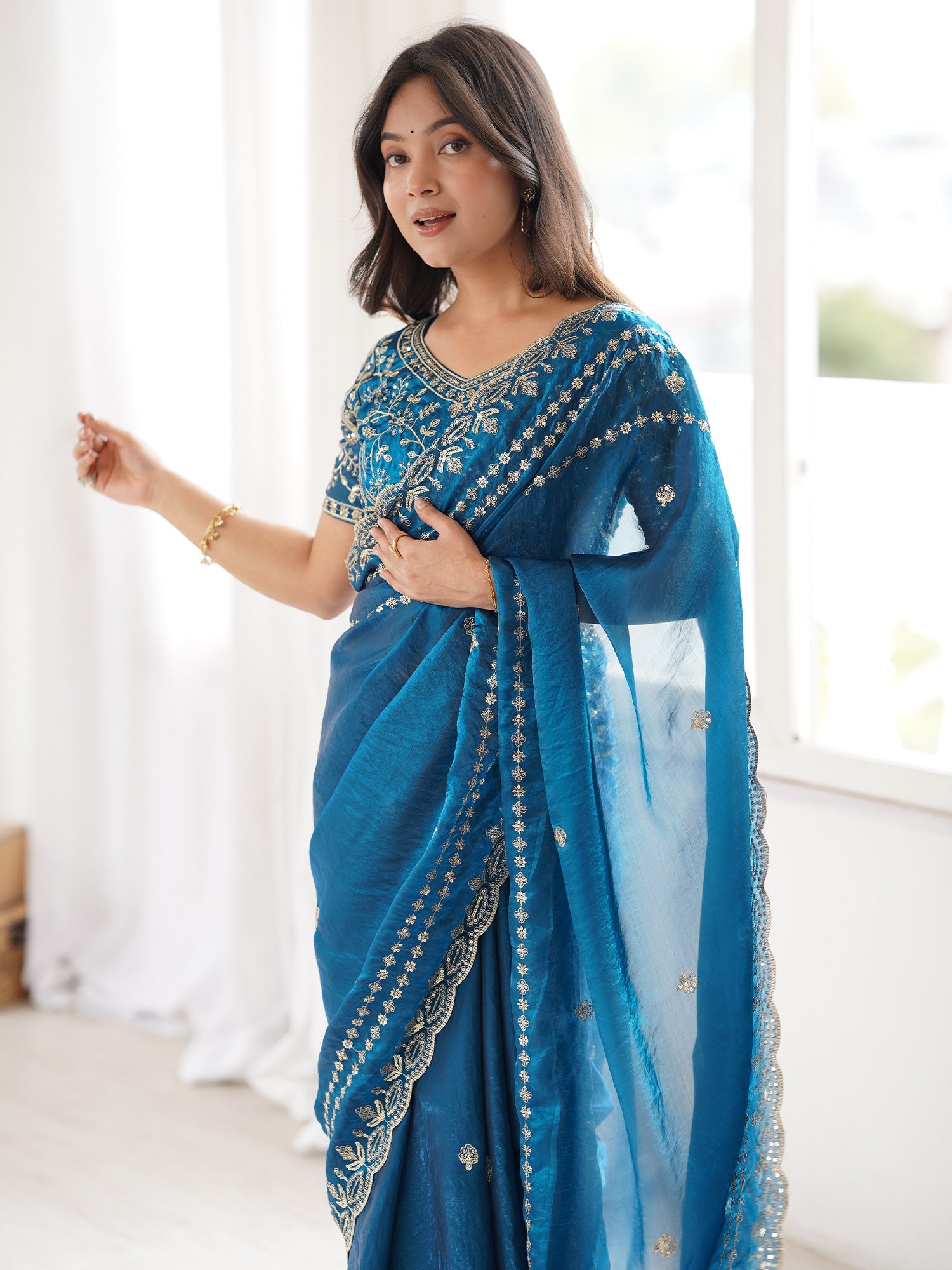 Teal Blue Satin Saree with Intricate Zardosi Embroidery - Ressa