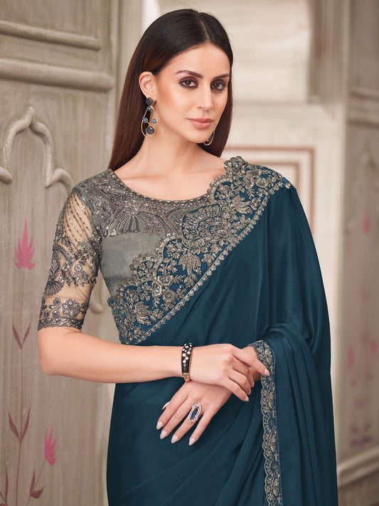 Teal Blue Satin Silk Saree - Ressa