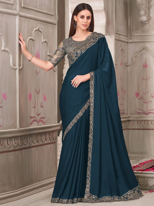 Teal Blue Satin Silk Saree - Ressa