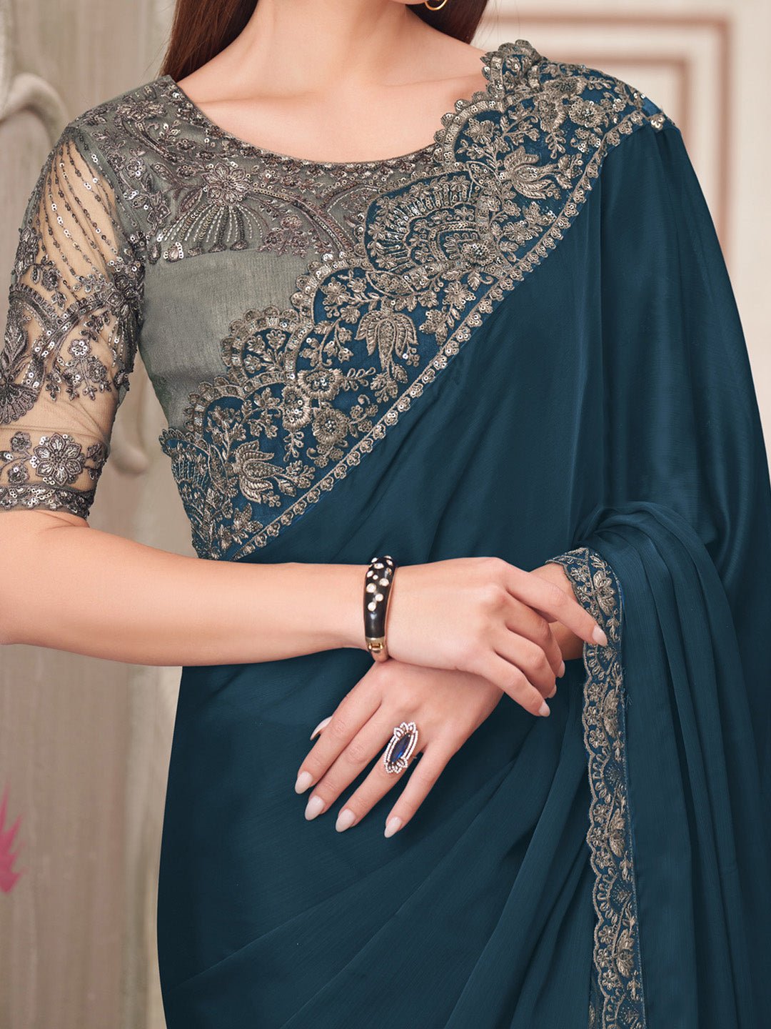 Teal Blue Satin Silk Saree - Ressa