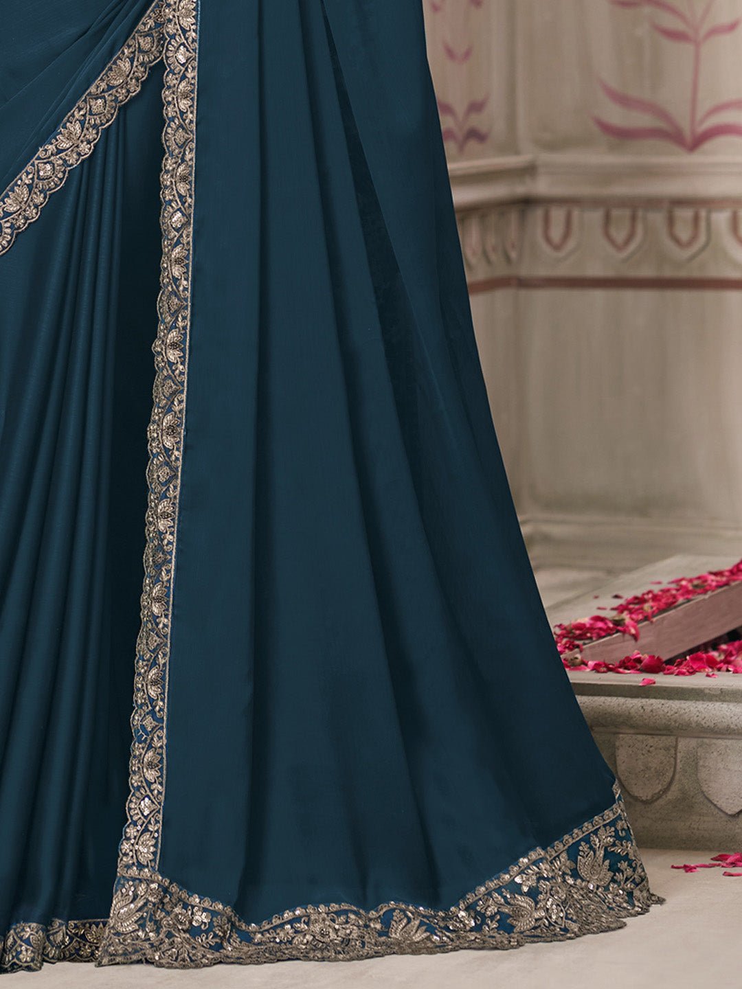 Teal Blue Satin Silk Saree - Ressa