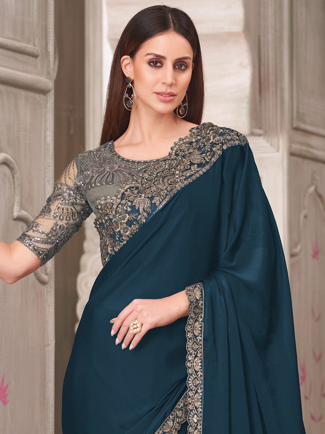 Teal Blue Satin Silk Saree - Ressa