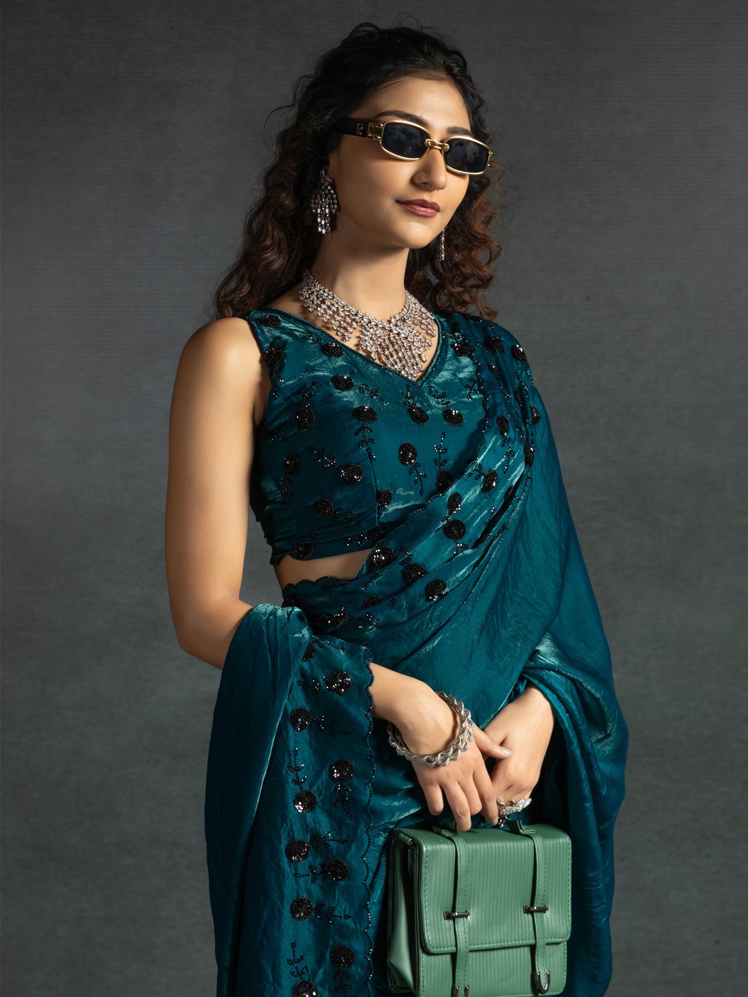 Teal Blue Satin Silk Sequin Embroidered Saree - Ressa