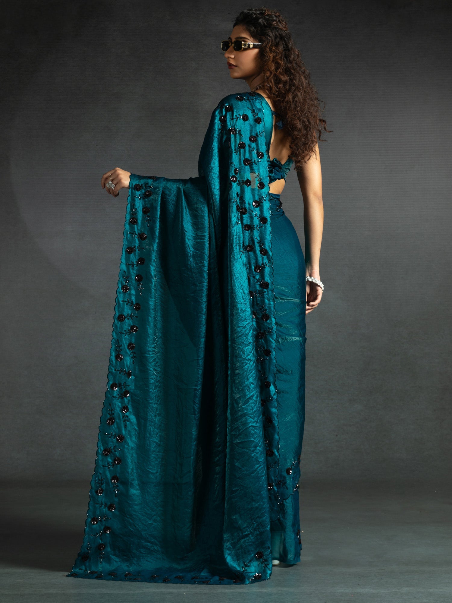 Teal Blue Satin Silk Sequin Embroidered Saree - Ressa
