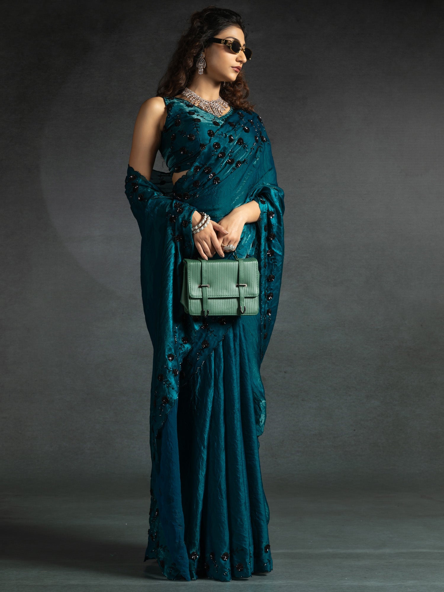 Teal Blue Satin Silk Sequin Embroidered Saree - Ressa