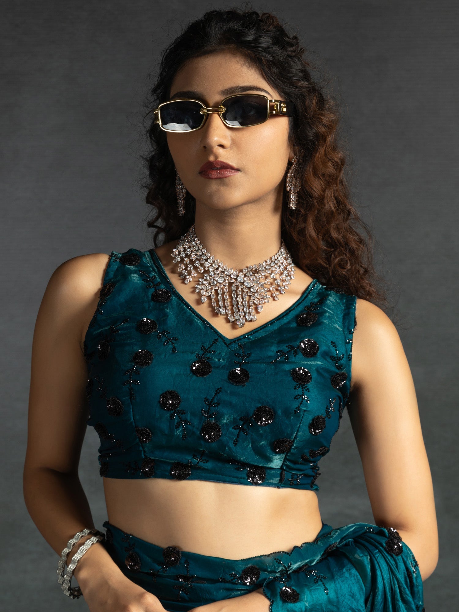 Teal Blue Satin Silk Sequin Embroidered Saree - Ressa