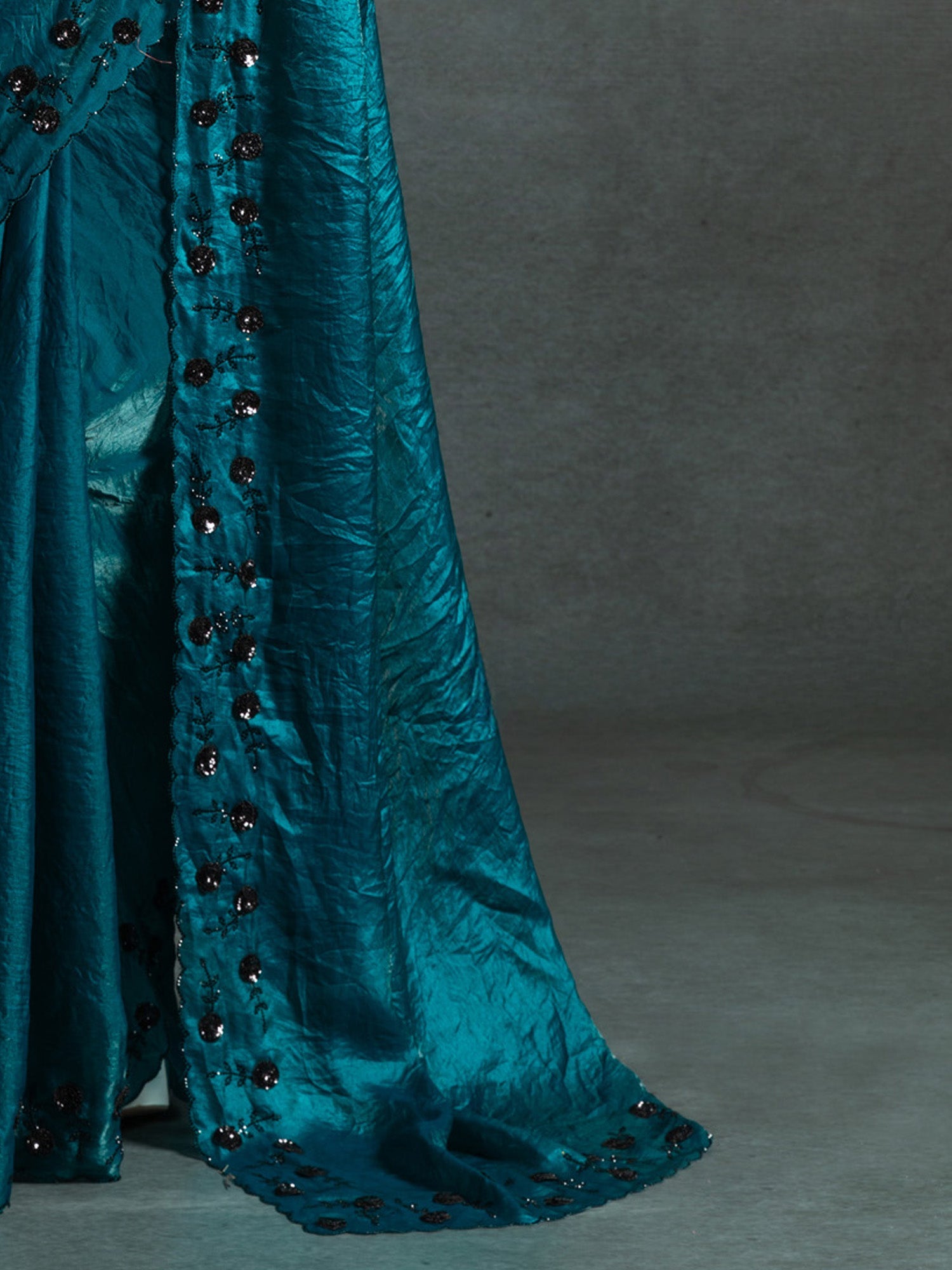 Teal Blue Satin Silk Sequin Embroidered Saree - Ressa