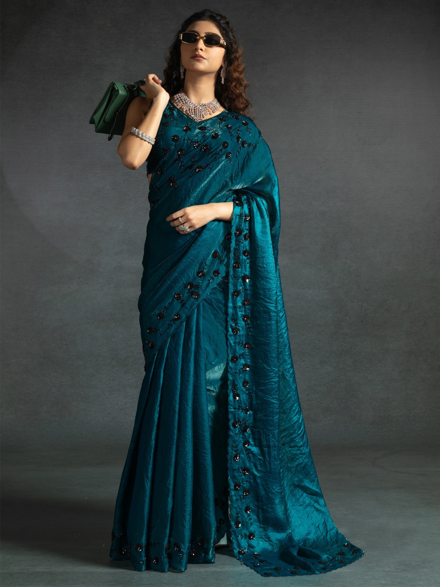 Teal Blue Satin Silk Sequin Embroidered Saree - Ressa