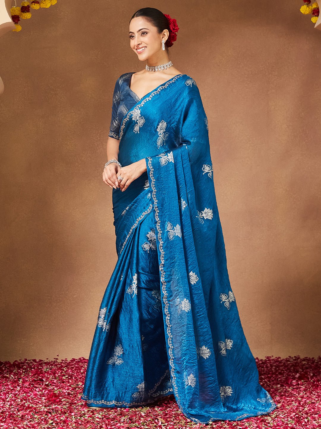 Teal Blue Satin With Beads Border Saree - Ressa
