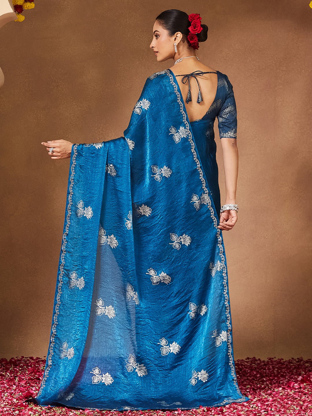 Teal Blue Satin With Beads Border Saree - Ressa