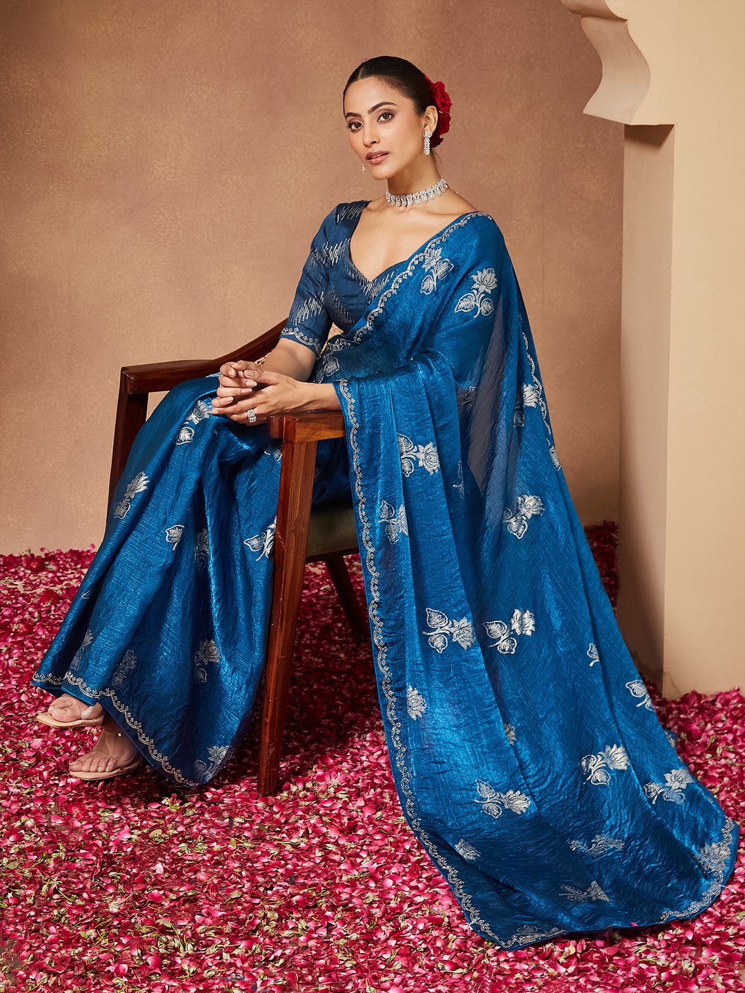 Teal Blue Satin With Beads Border Saree - Ressa