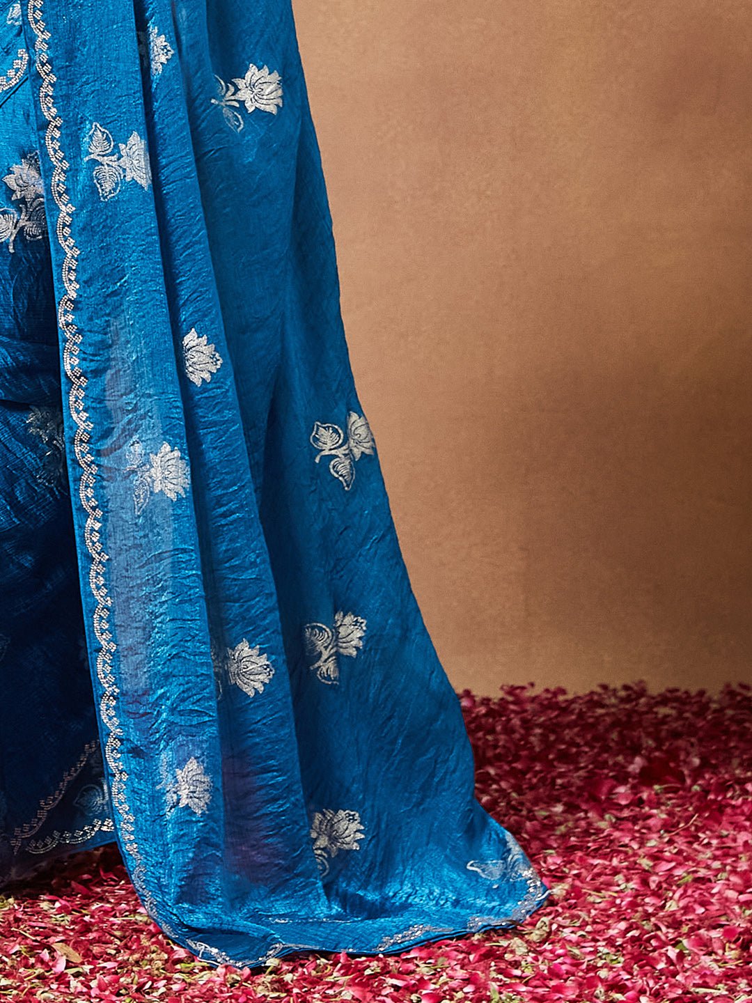 Teal Blue Satin With Beads Border Saree - Ressa