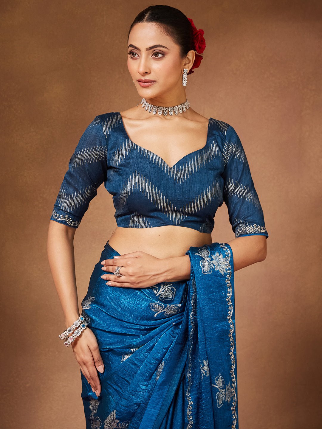 Teal Blue Satin With Beads Border Saree - Ressa