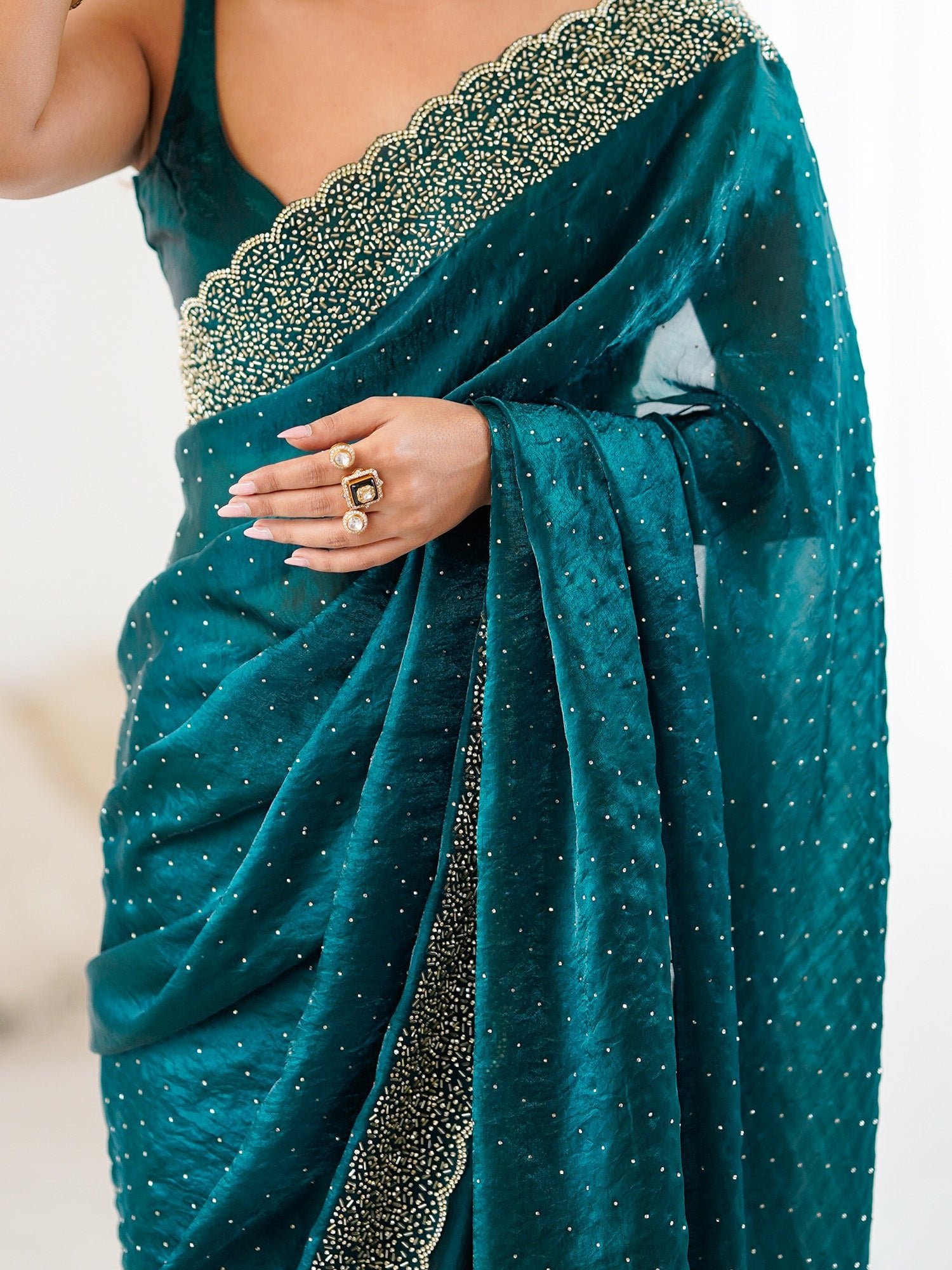 Teal Blue Satin Work Saree - Ressa