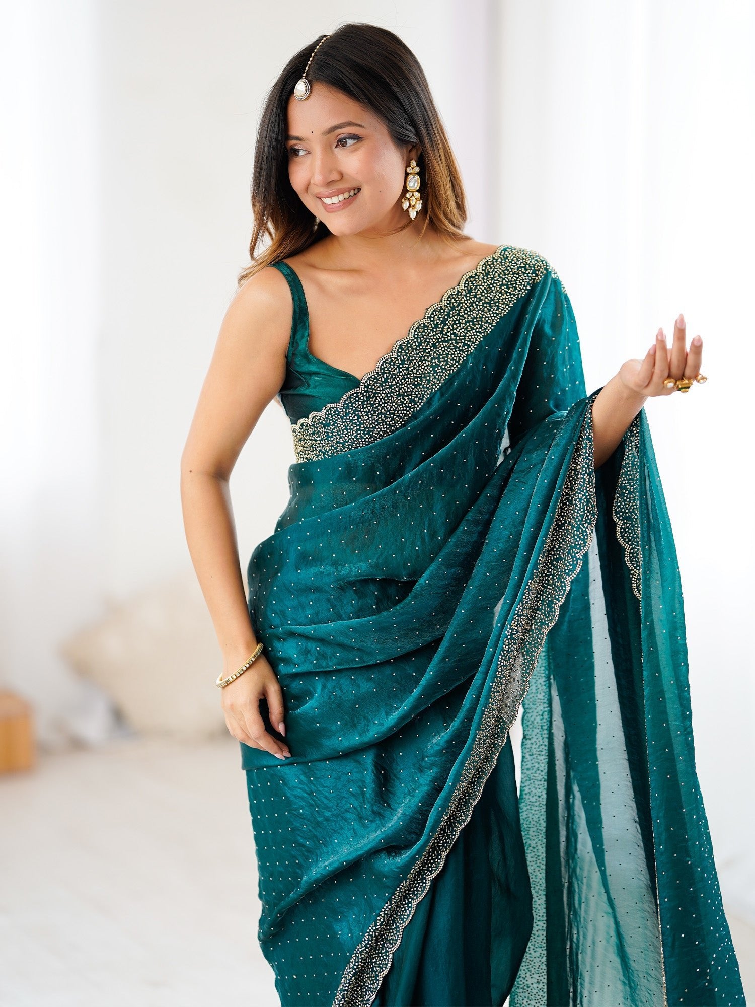 Teal Blue Satin Work Saree - Ressa