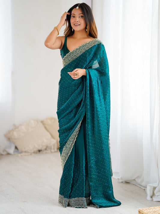 Teal Blue Satin Work Saree - Ressa