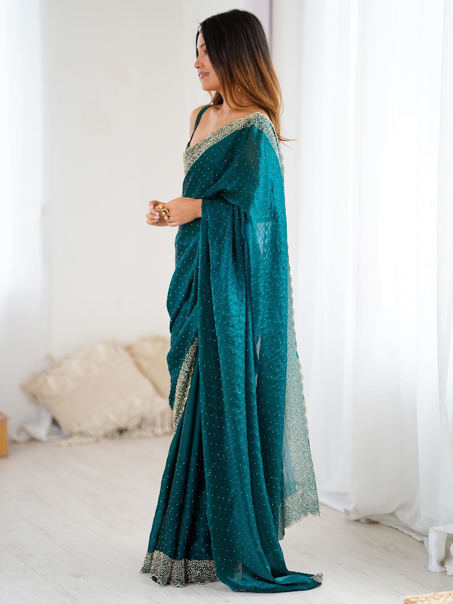 Teal Blue Satin Work Saree - Ressa