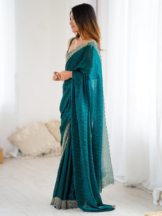 Teal Blue Satin Work Saree - Ressa