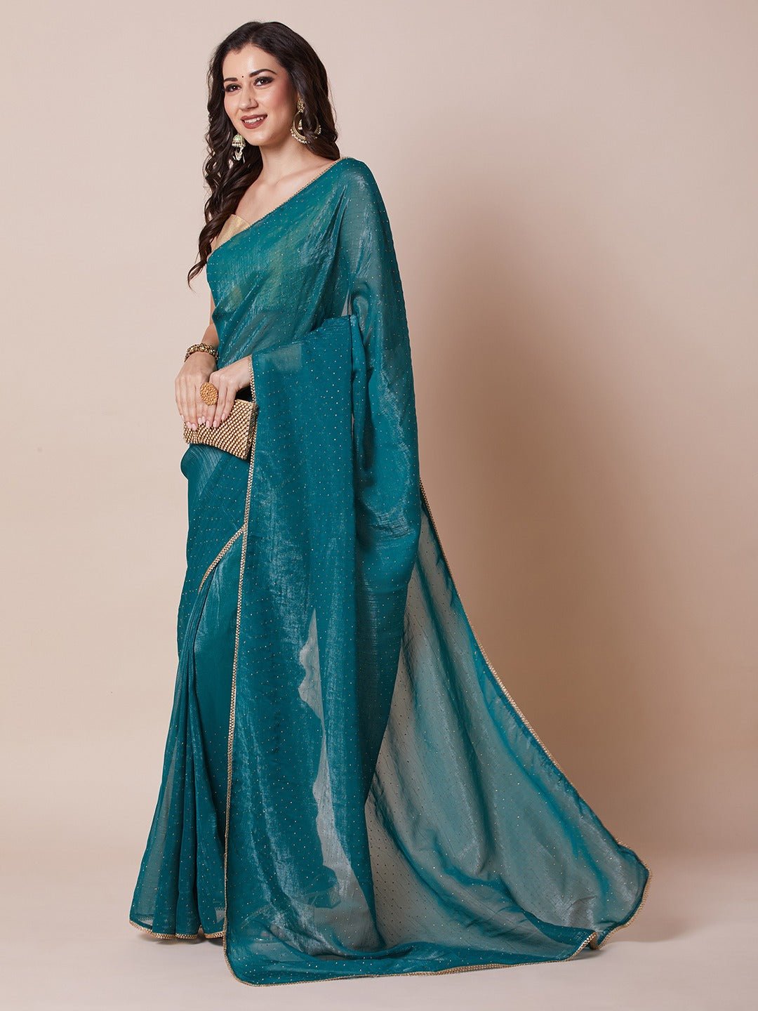 Teal Blue Shimmer Chiffon Saree - Ressa