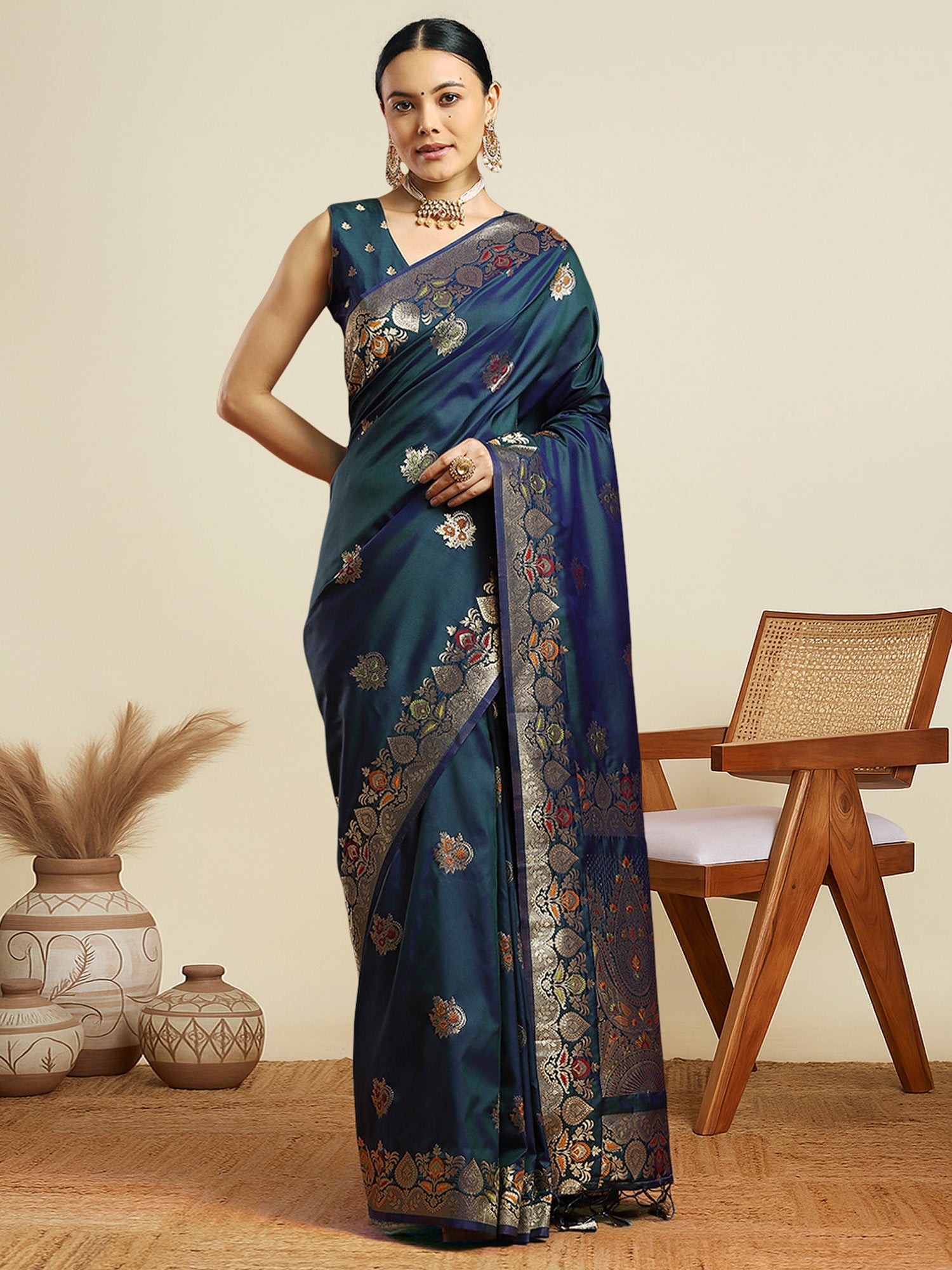 teal Blue Silk Banarasi Saree - Ressa