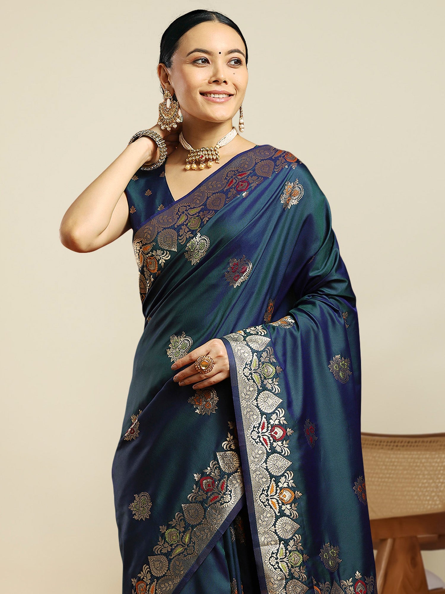 teal Blue Silk Banarasi Saree - Ressa