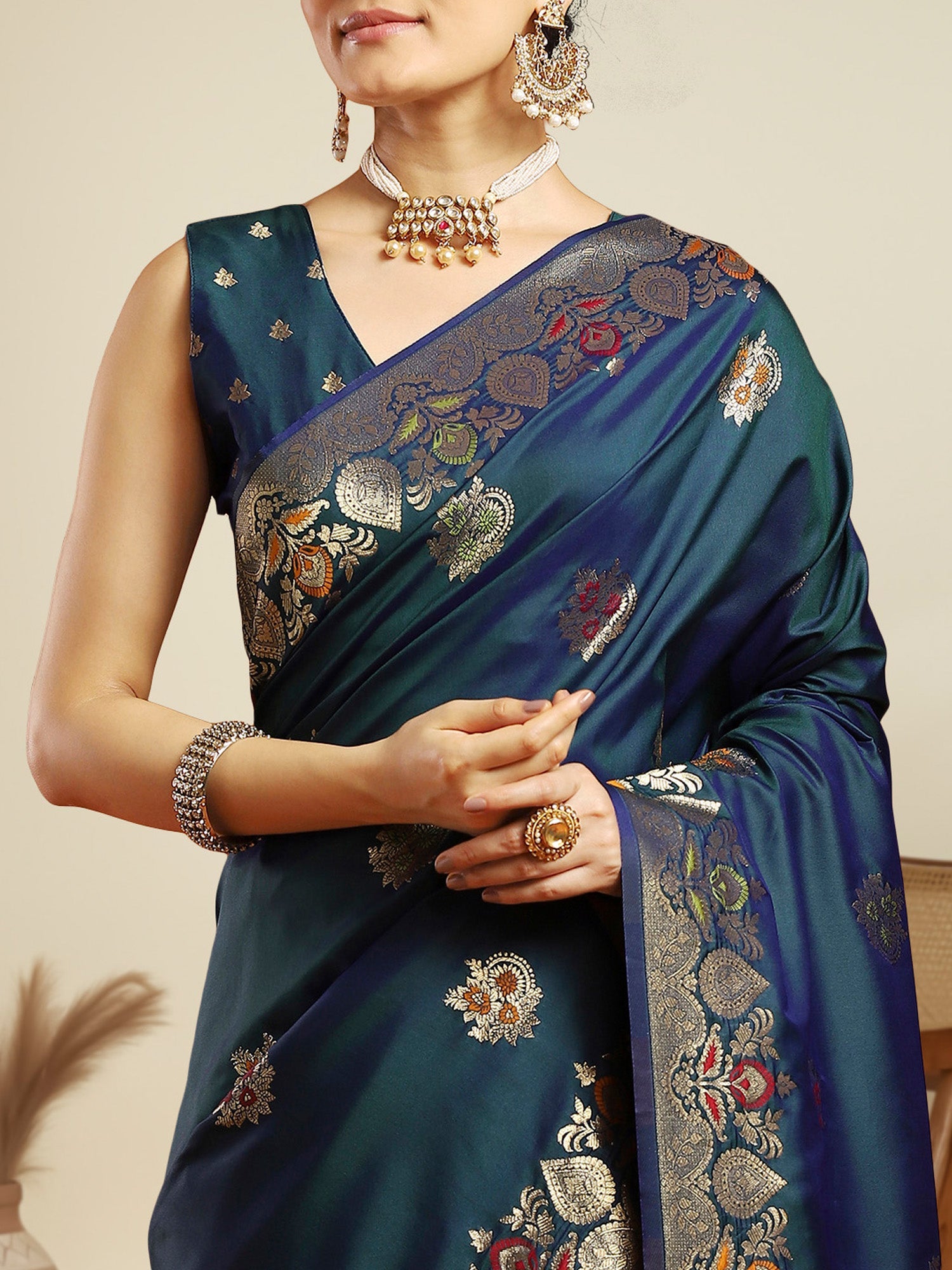 teal Blue Silk Banarasi Saree - Ressa