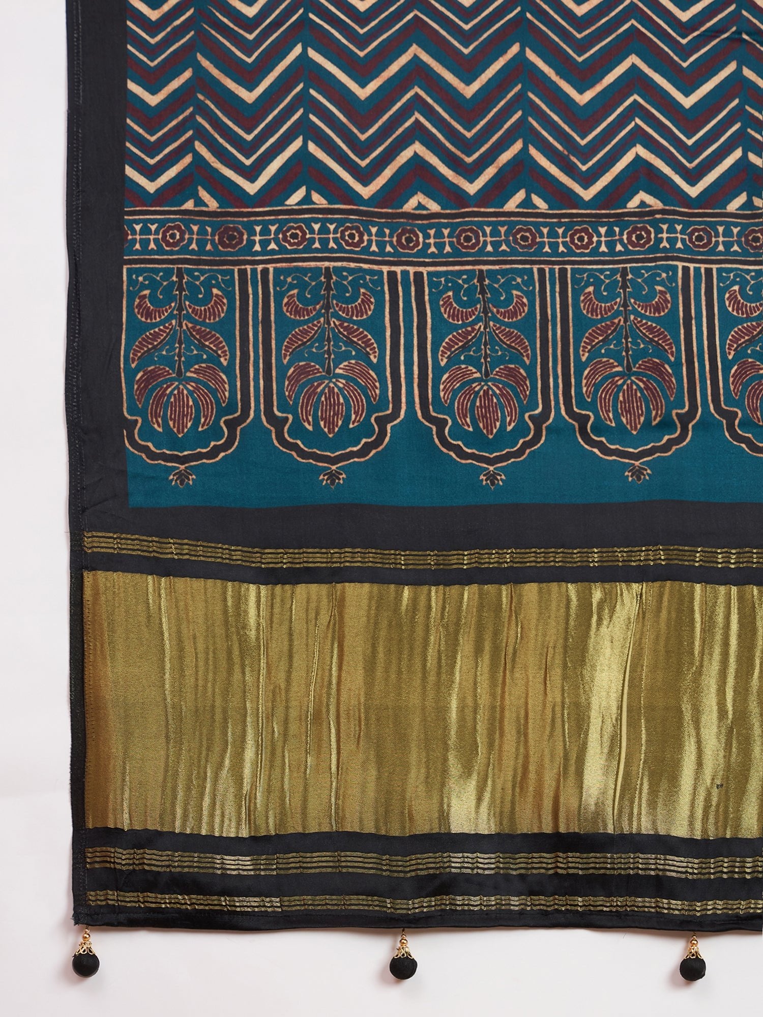 Teal Blue Silk Blend Ajrakh saree - Ressa