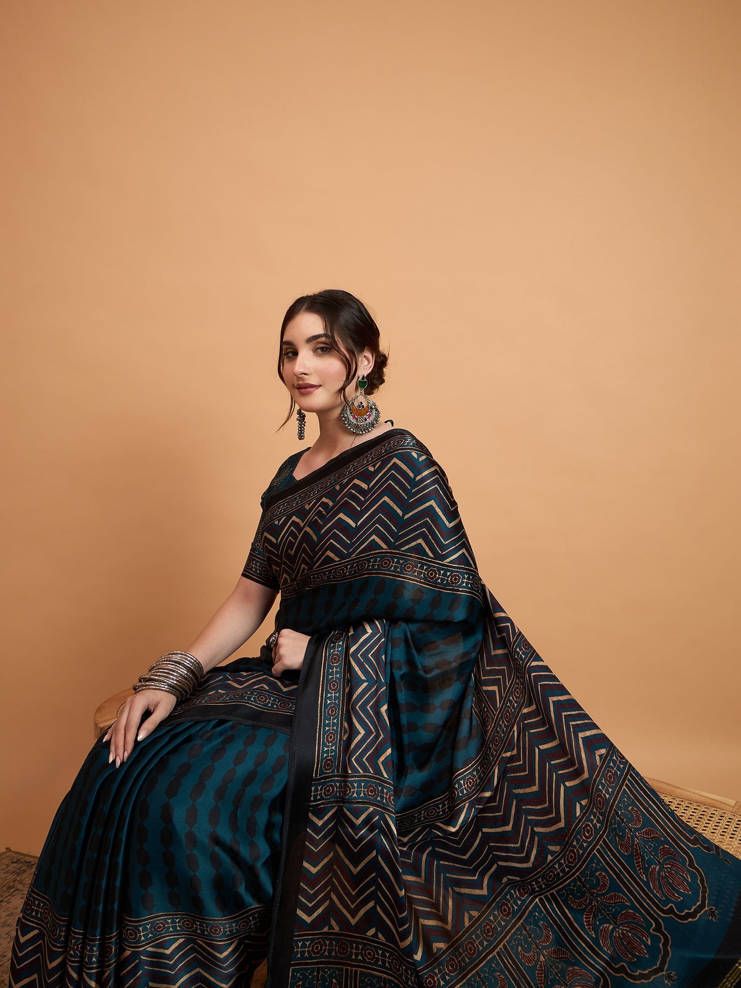 Teal Blue Silk Blend Ajrakh saree - Ressa