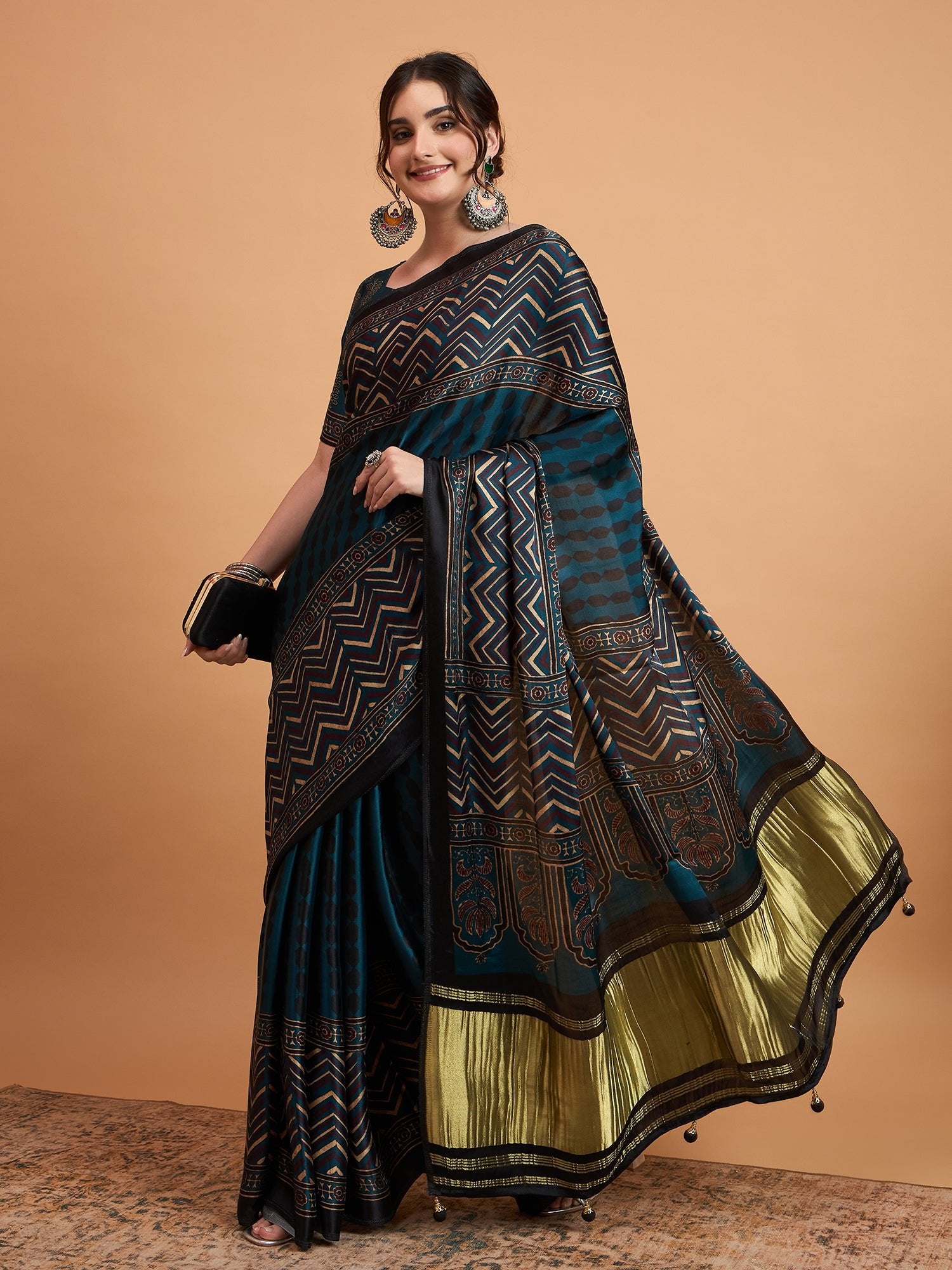 Teal Blue Silk Blend Ajrakh saree - Ressa