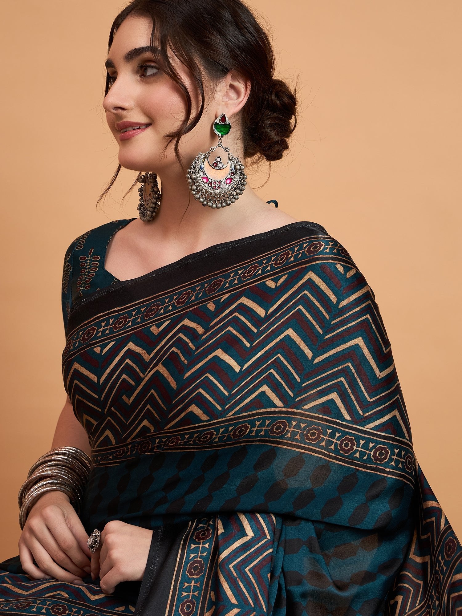 Teal Blue Silk Blend Ajrakh saree - Ressa