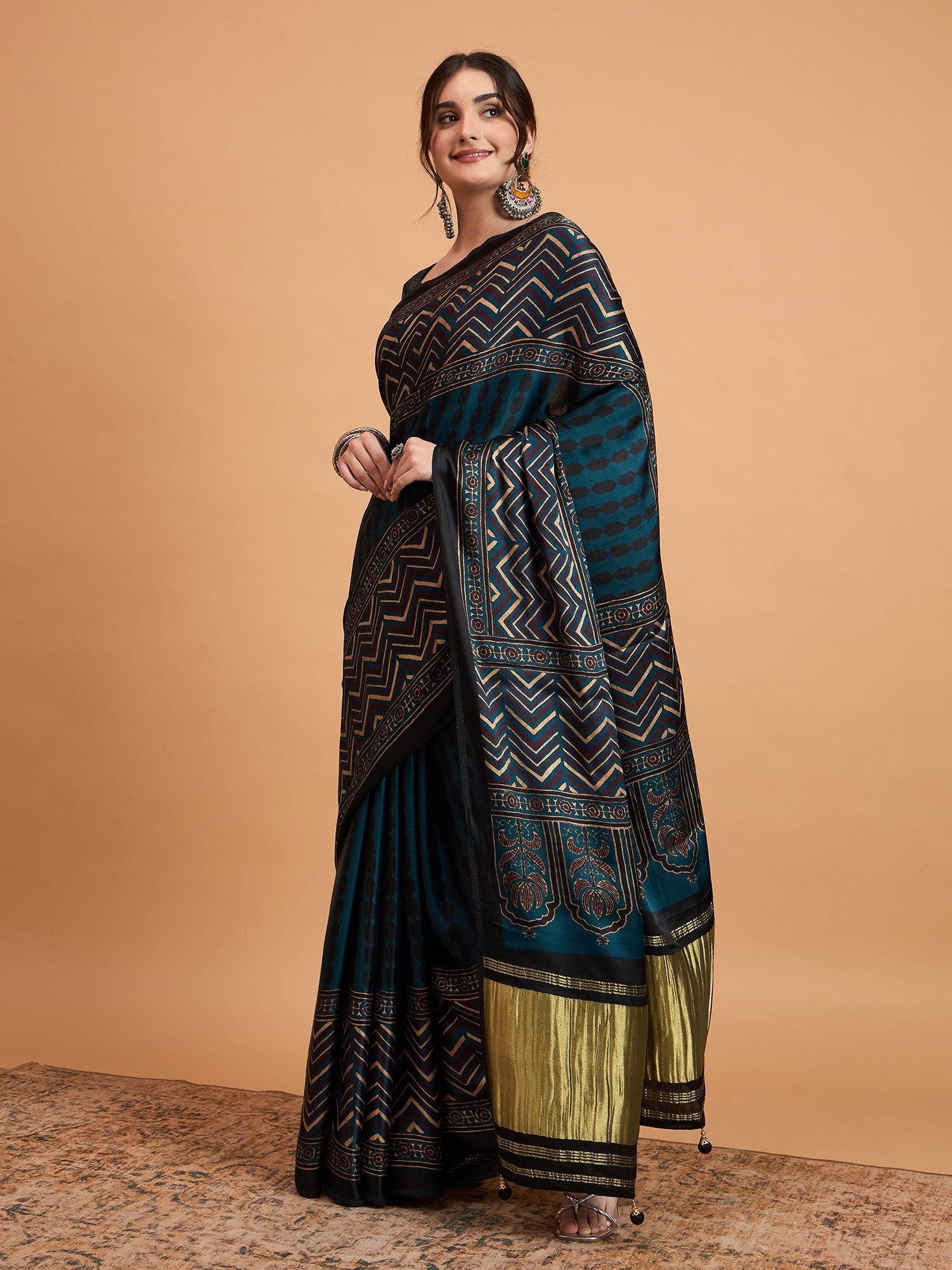 Teal Blue Silk Blend Ajrakh saree - Ressa