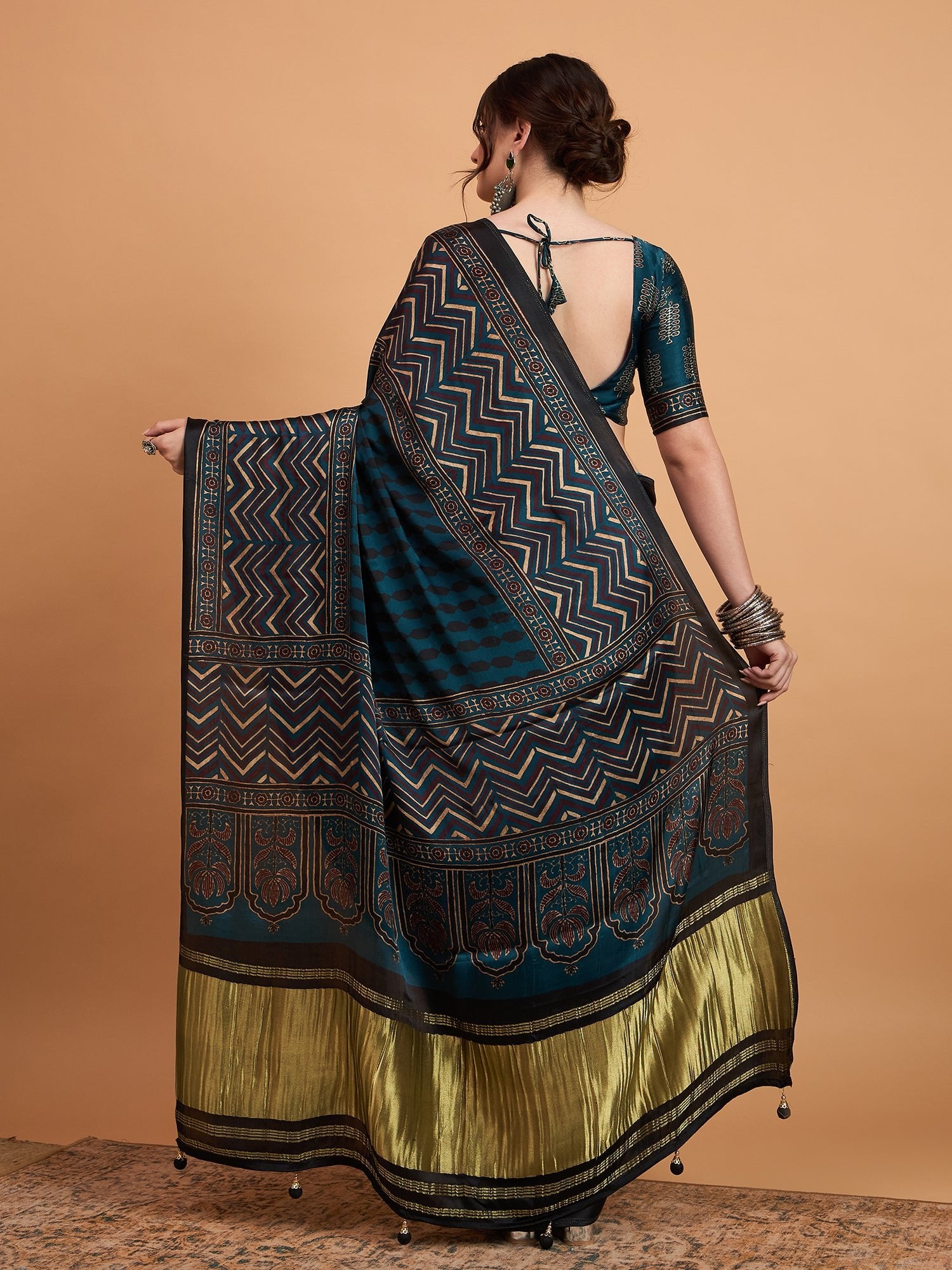 Teal Blue Silk Blend Ajrakh saree - Ressa