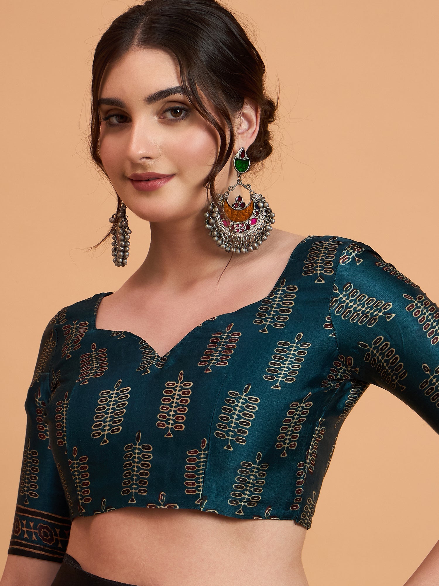 Teal Blue Silk Blend Ajrakh saree - Ressa