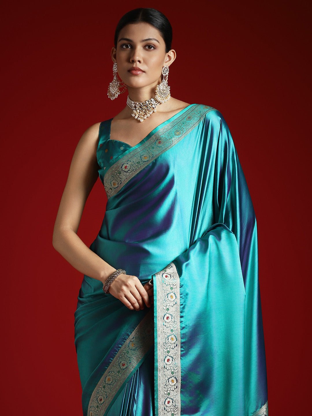 Teal Blue Silk Blend Embroidered Border Saree - Ressa