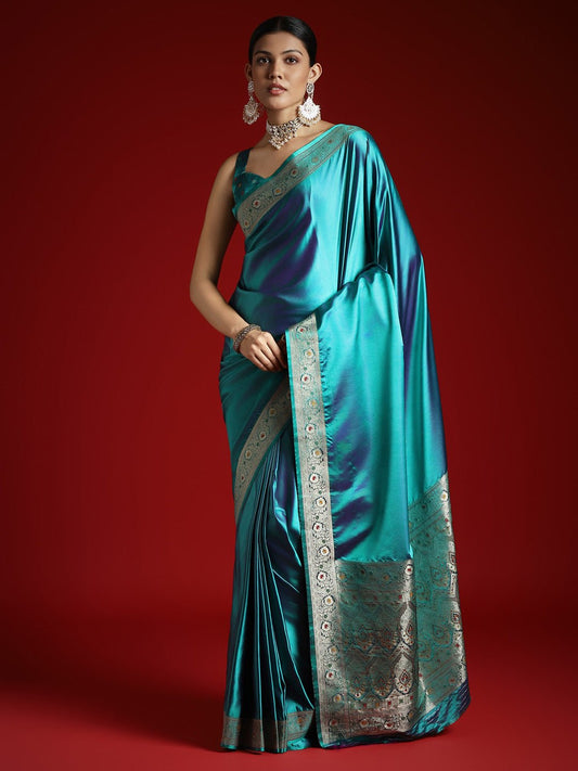 Teal Blue Silk Blend Embroidered Border Saree - Ressa