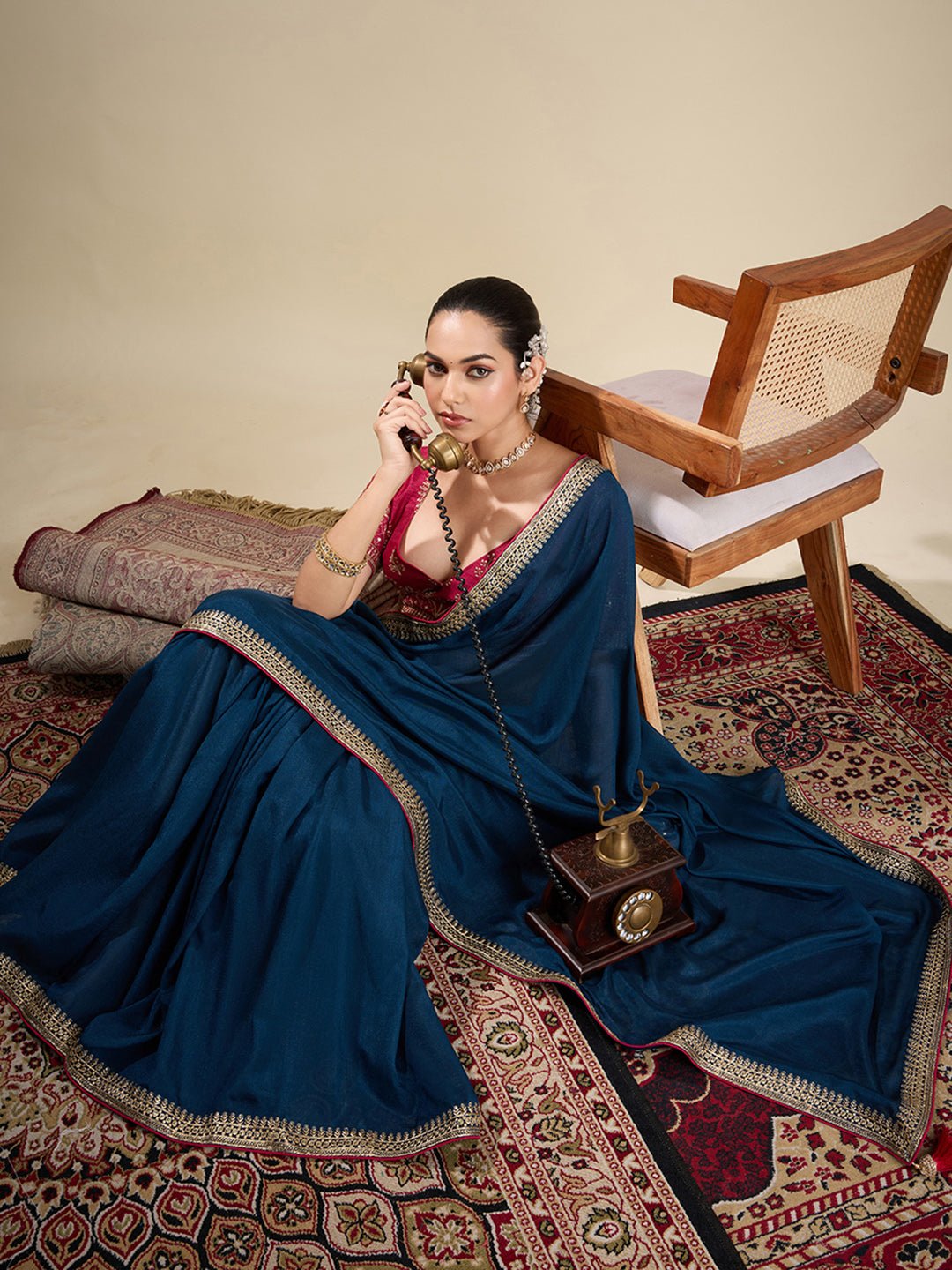 Teal Blue Silk Blend Embroidered Saree - Ressa