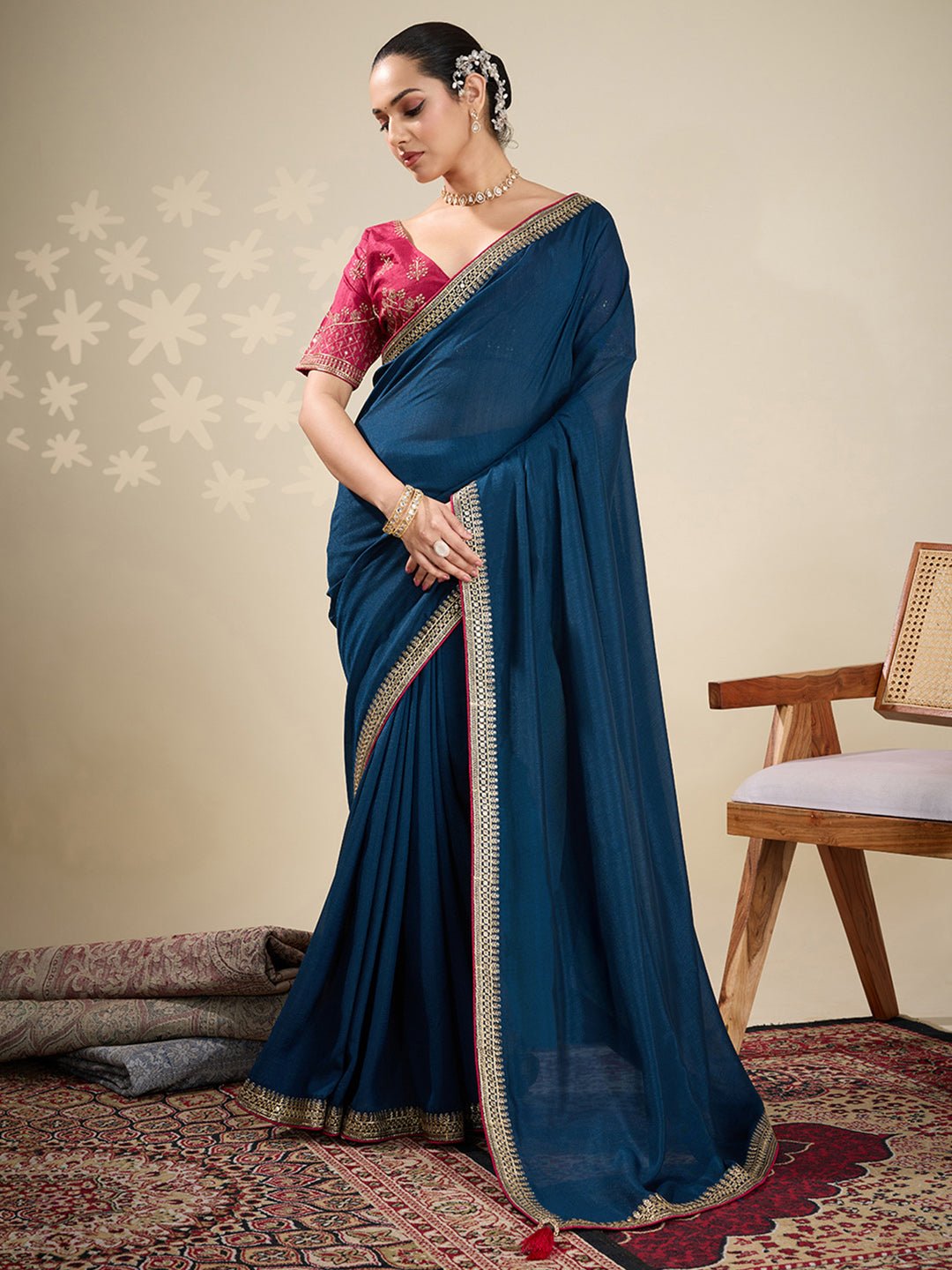 Teal Blue Silk Blend Embroidered Saree - Ressa