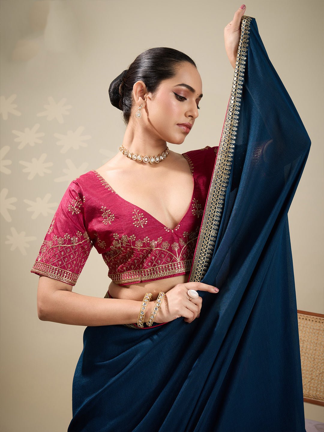 Teal Blue Silk Blend Embroidered Saree - Ressa