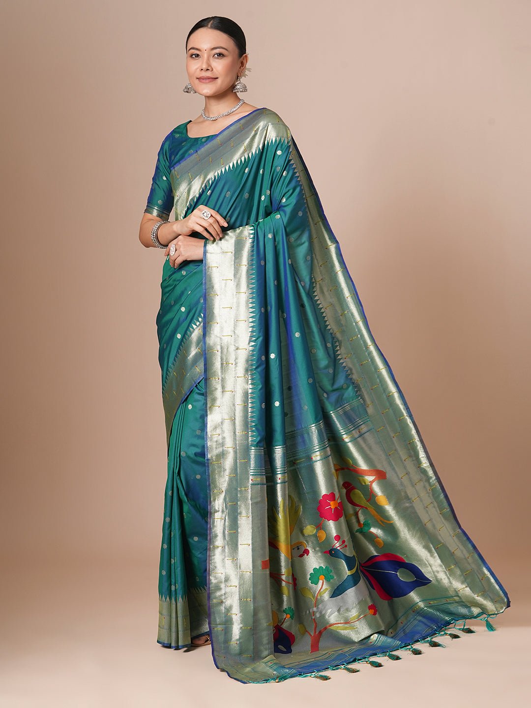 Teal Blue Silk Blend Heritage Banarasi Style Zari Woven Saree - Ressa