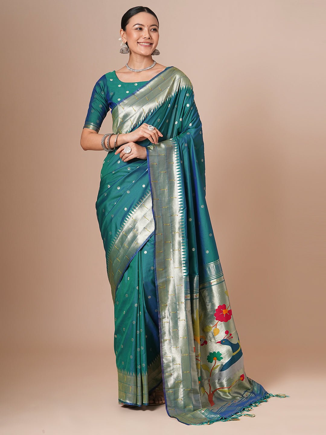 Teal Blue Silk Blend Heritage Banarasi Style Zari Woven Saree - Ressa