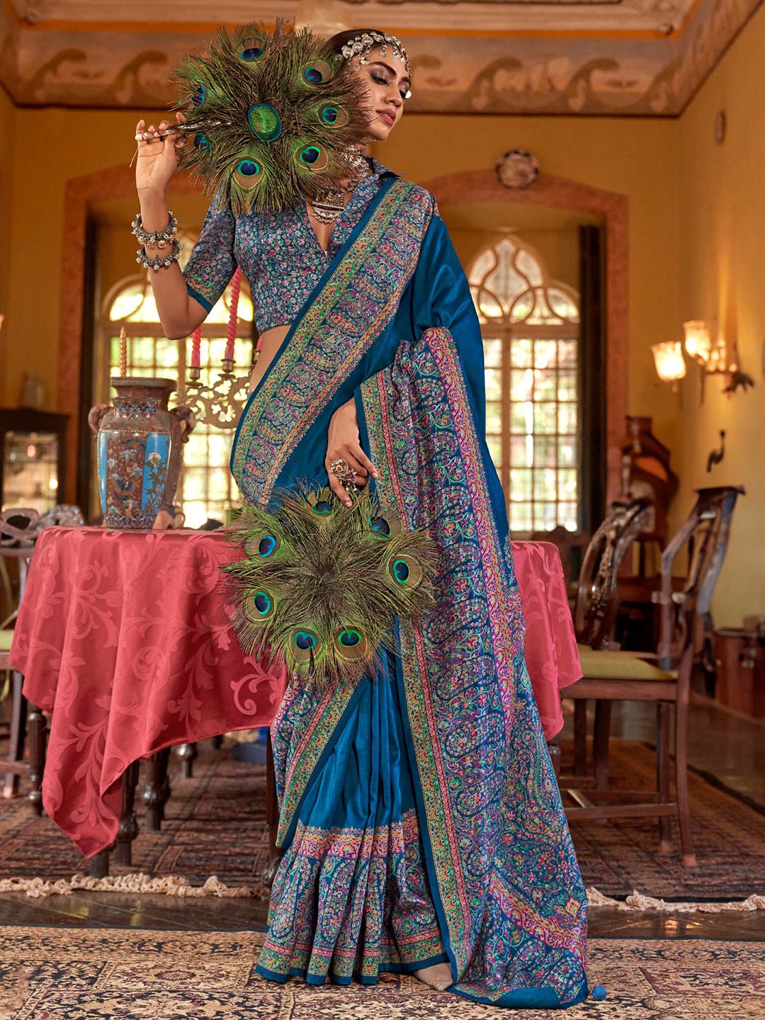 Teal Blue Silk Blend Heritage Floral Print Zari Woven Border saree - Ressa