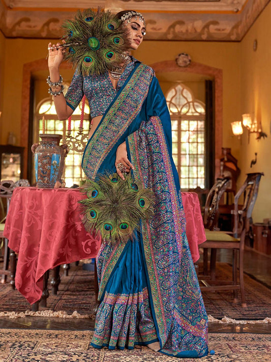 Teal Blue Silk Blend Heritage Floral Print Zari Woven Border saree - Ressa