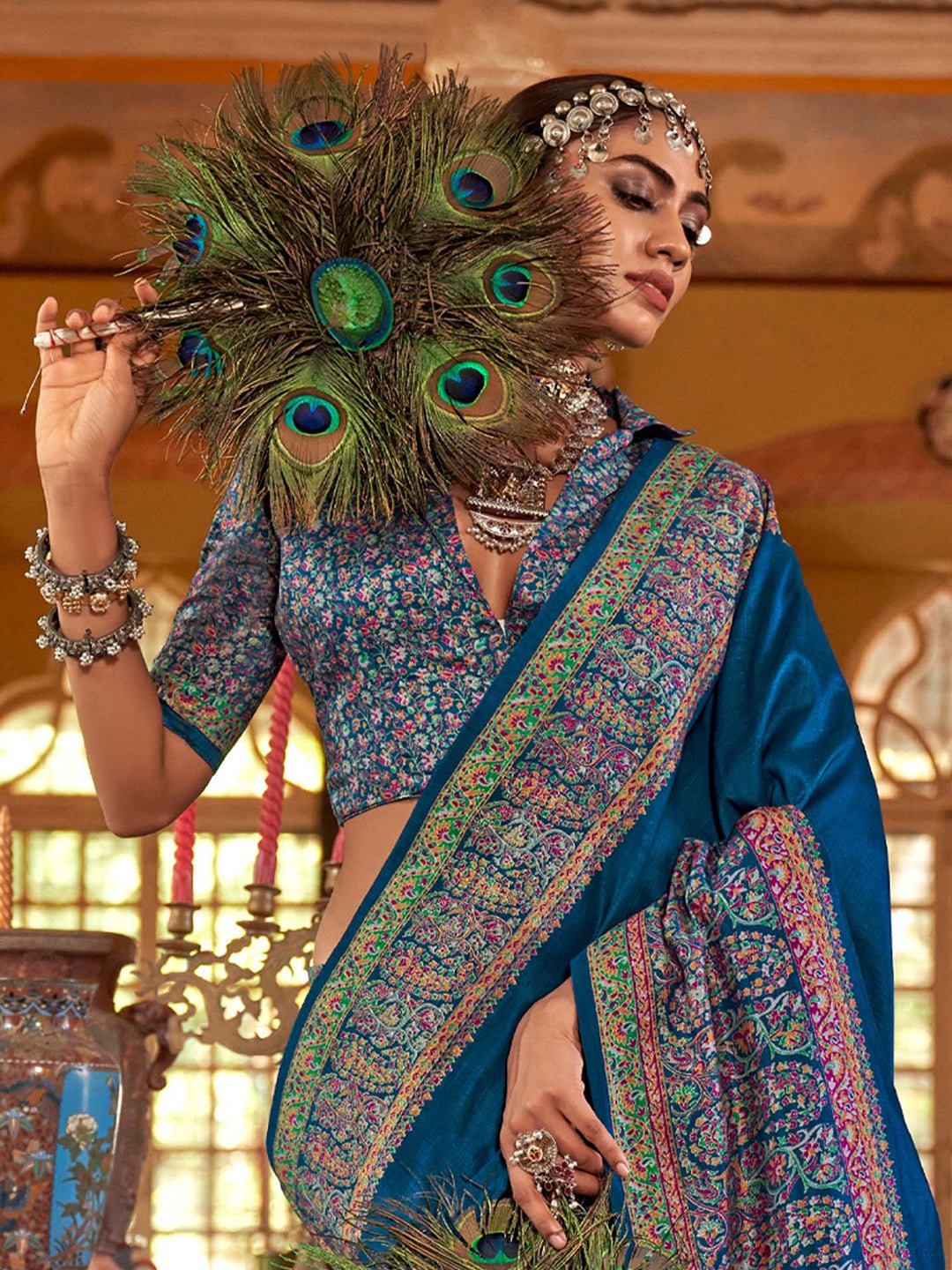 Teal Blue Silk Blend Heritage Floral Print Zari Woven Border saree - Ressa