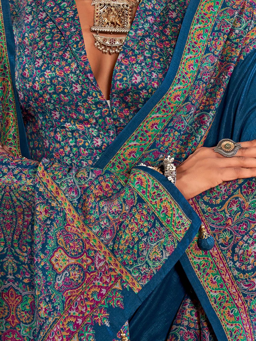 Teal Blue Silk Blend Heritage Floral Print Zari Woven Border saree - Ressa